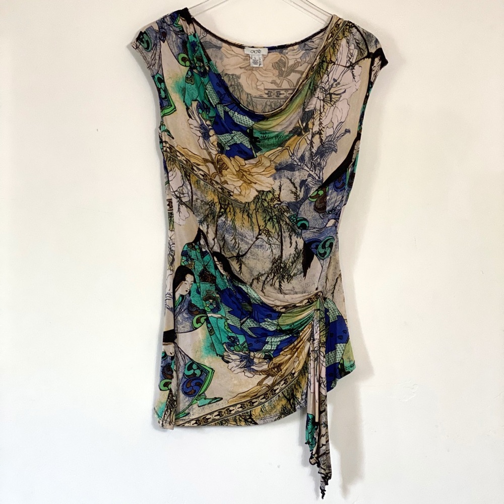 CACHE Vintage Y2K jersey wrap front Asian motif shirt